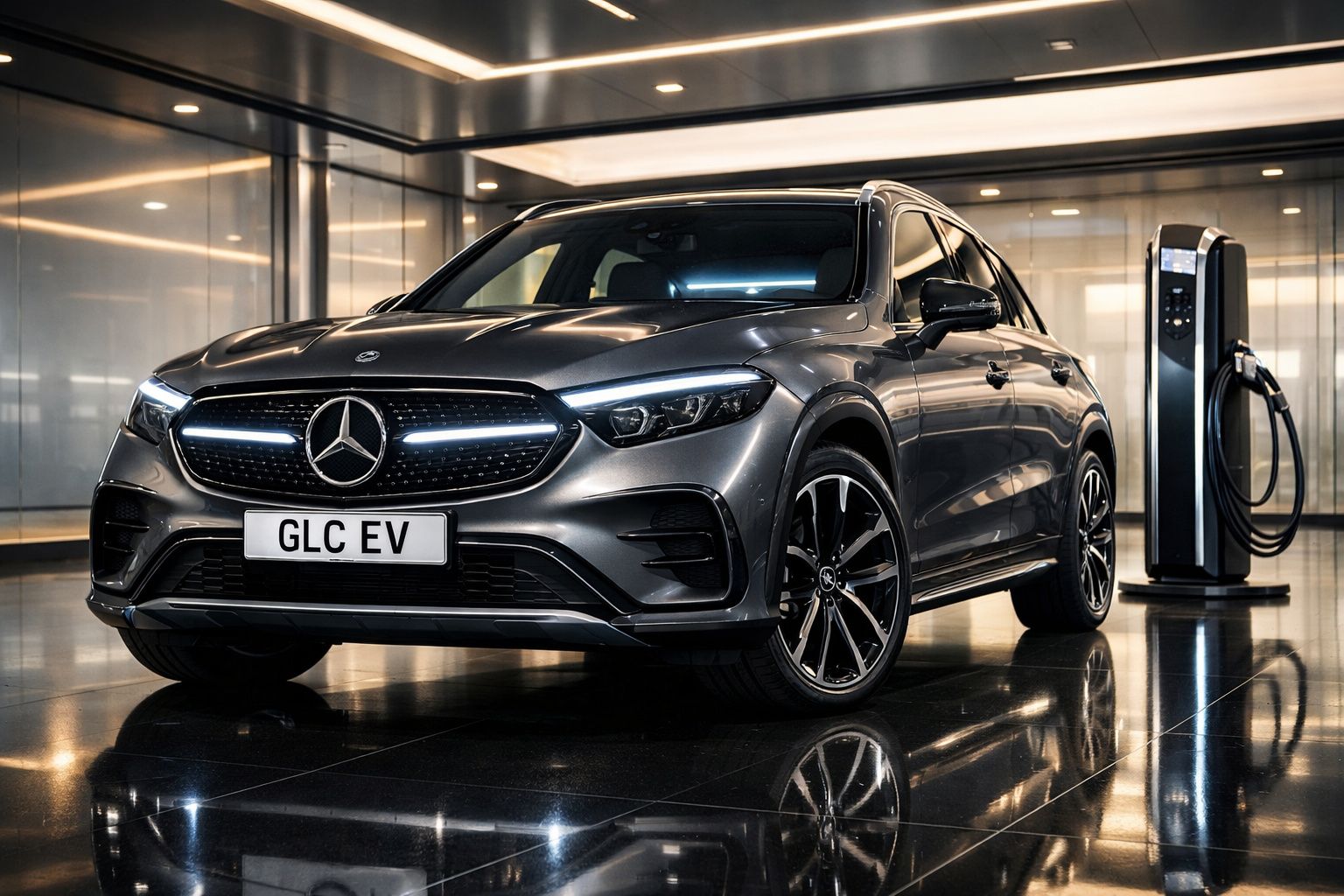 Carro elétrico Mercedes-Benz GLC EV cinzento estacionado junto a posto de carregamento interior.