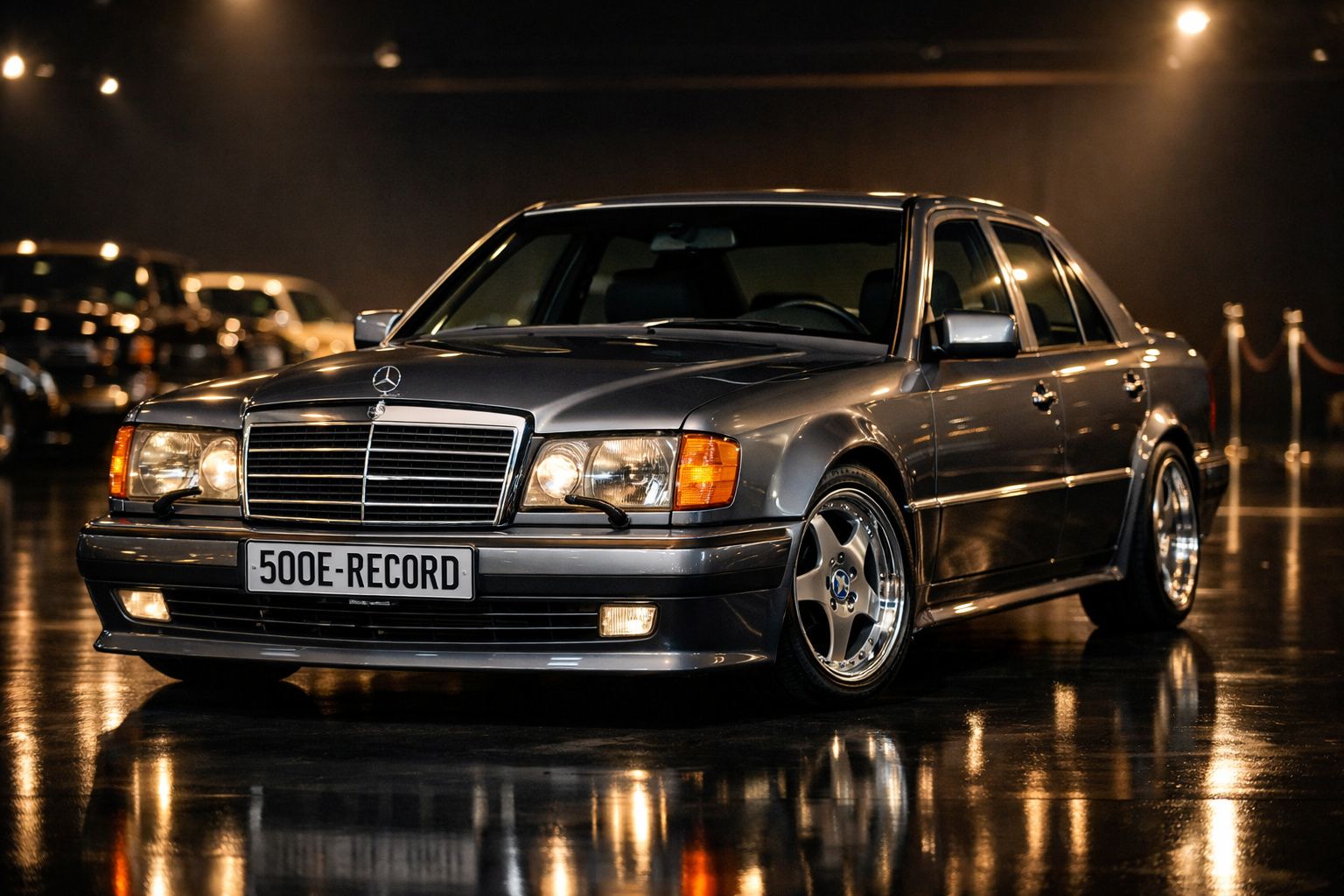 Carro Mercedes-Benz 500E preto brilhante estacionado em piso refletor com iluminação ambiente escura.