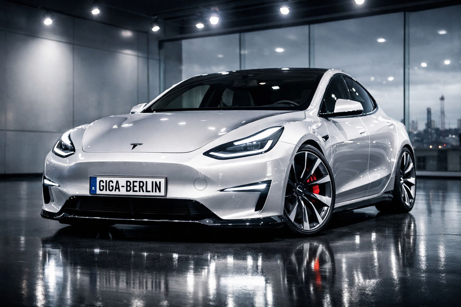 Carro elétrico Tesla branco estacionado num espaço interior com chão refletor e placa GIGA-BERLIN.