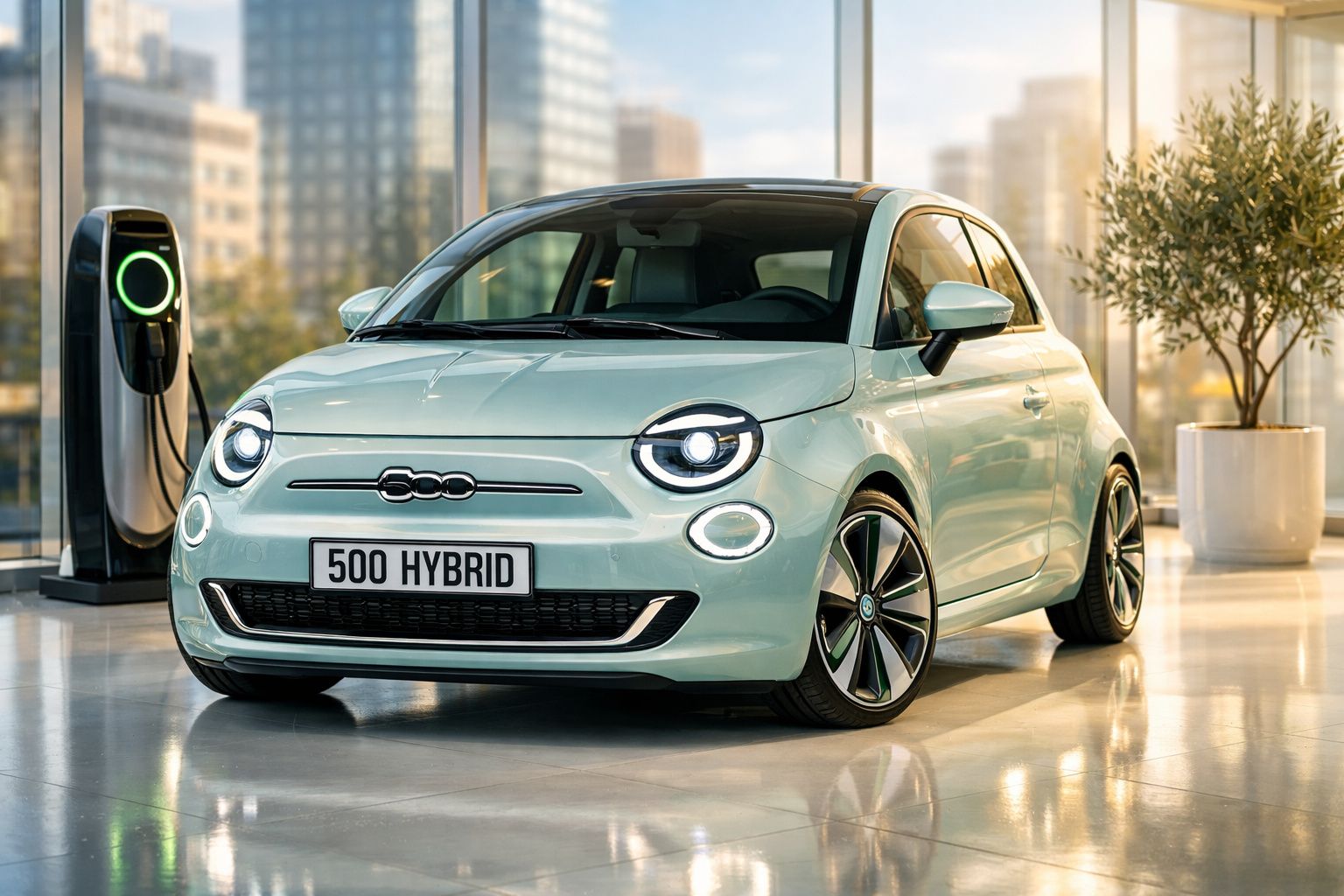 Carro híbrido moderno branco com faróis LED, estacionado numa sala com carregador elétrico.