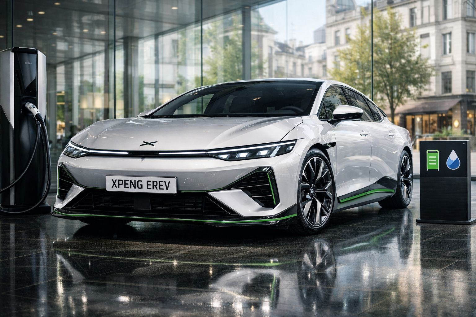 Carro elétrico cinza XPENG EREV carregando numa estação moderna dentro de um edifício com vidros grandes.
