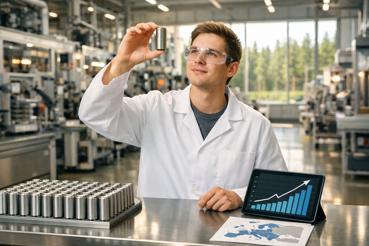 Jovem cientista num laboratório a observar uma pilha enquanto um gráfico de crescimento aparece num tablet.
