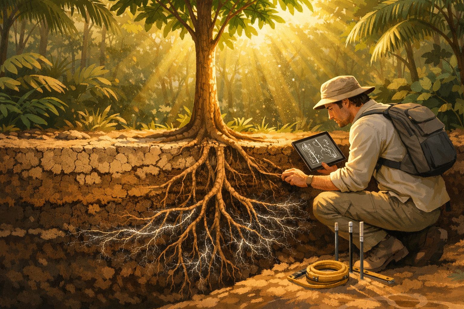 Homem a analisar raízes de árvore com tablet, em floresta iluminada pelo sol, rodeado de equipamentos.