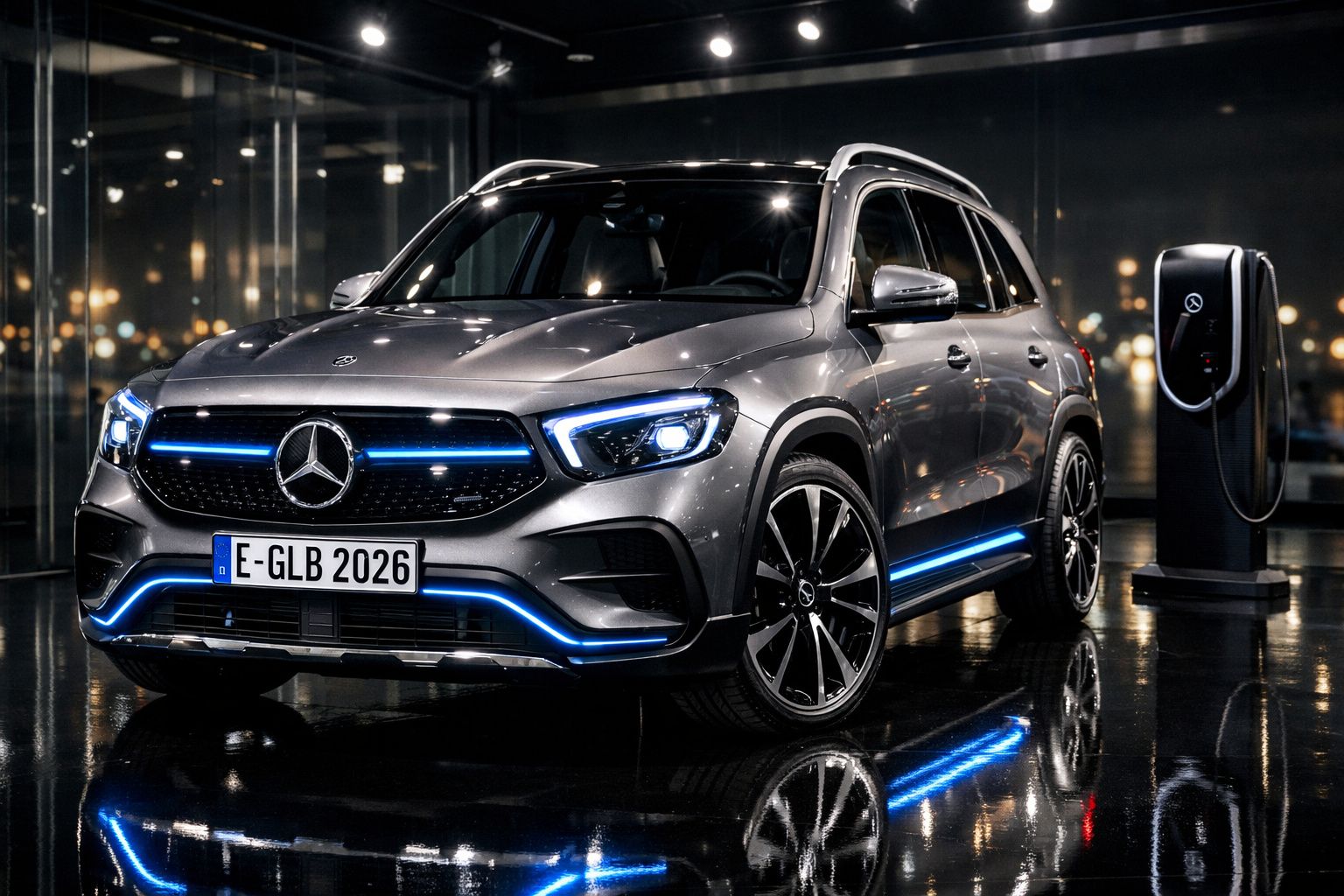 Carro elétrico Mercedes-Benz cinza estacionado junto a posto de carregamento numa garagem iluminada à noite.