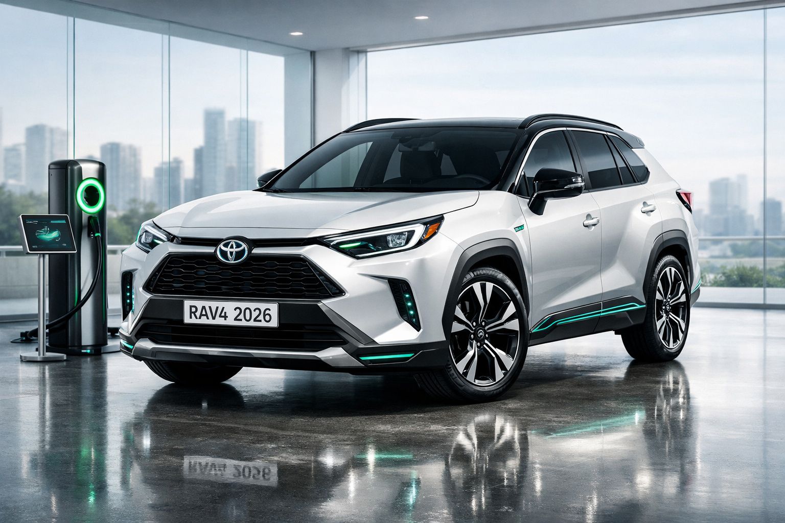 Carro elétrico Toyota RAV4 2026 branco a carregar numa estação de carregamento moderna numa garagem ampla.