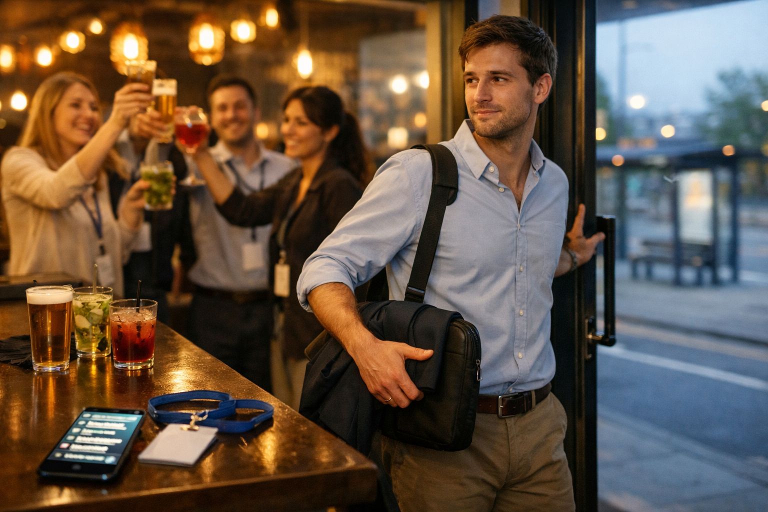 Homem a sair de bar onde grupo celebra e brinda com bebidas ao fundo durante o pôr do sol.