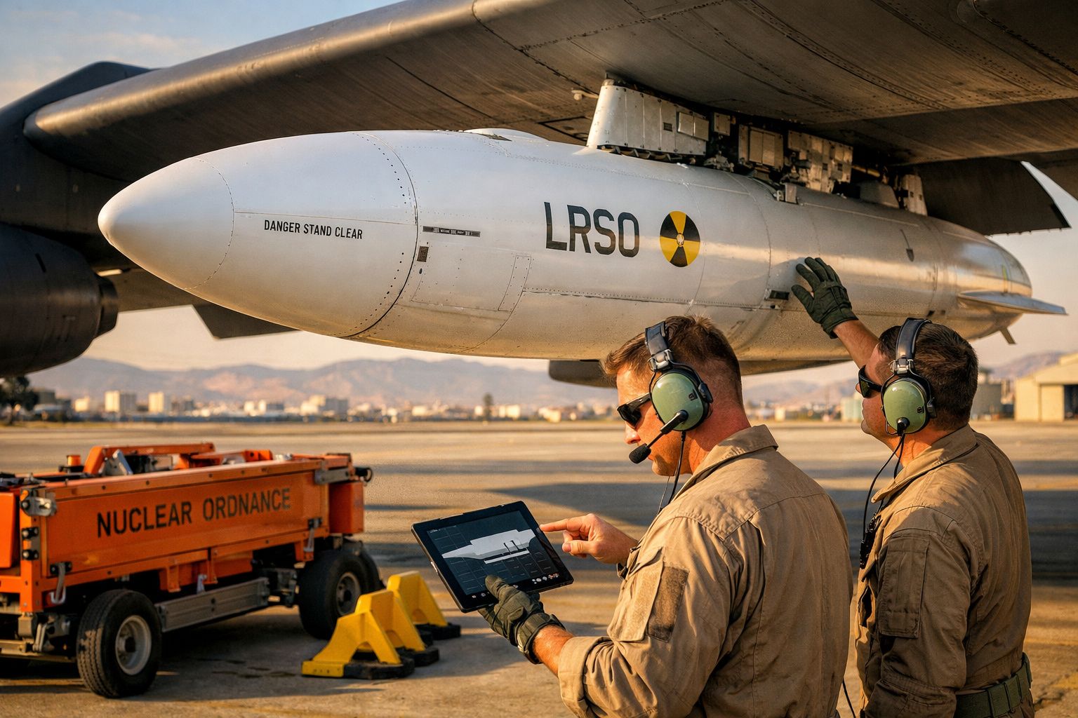 Dois técnicos militares com auriculares e equipamento de controlo perto de um míssil sob uma asa de avião.