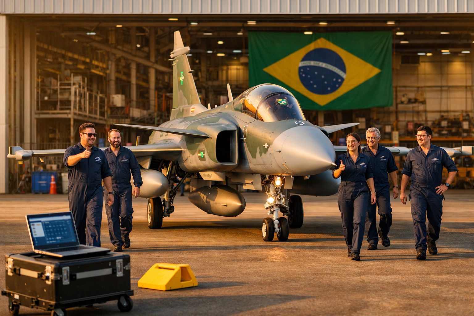 Equipamento militar com cinco técnicos em macacão e bandeira do Brasil numa hangar iluminado pelo sol.