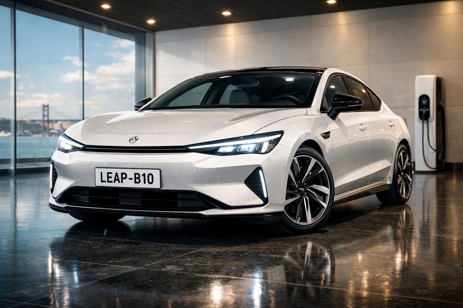 Carro elétrico branco LEAP-B10 estacionado em chão polido com parede cinza e estação de carregamento ao fundo.