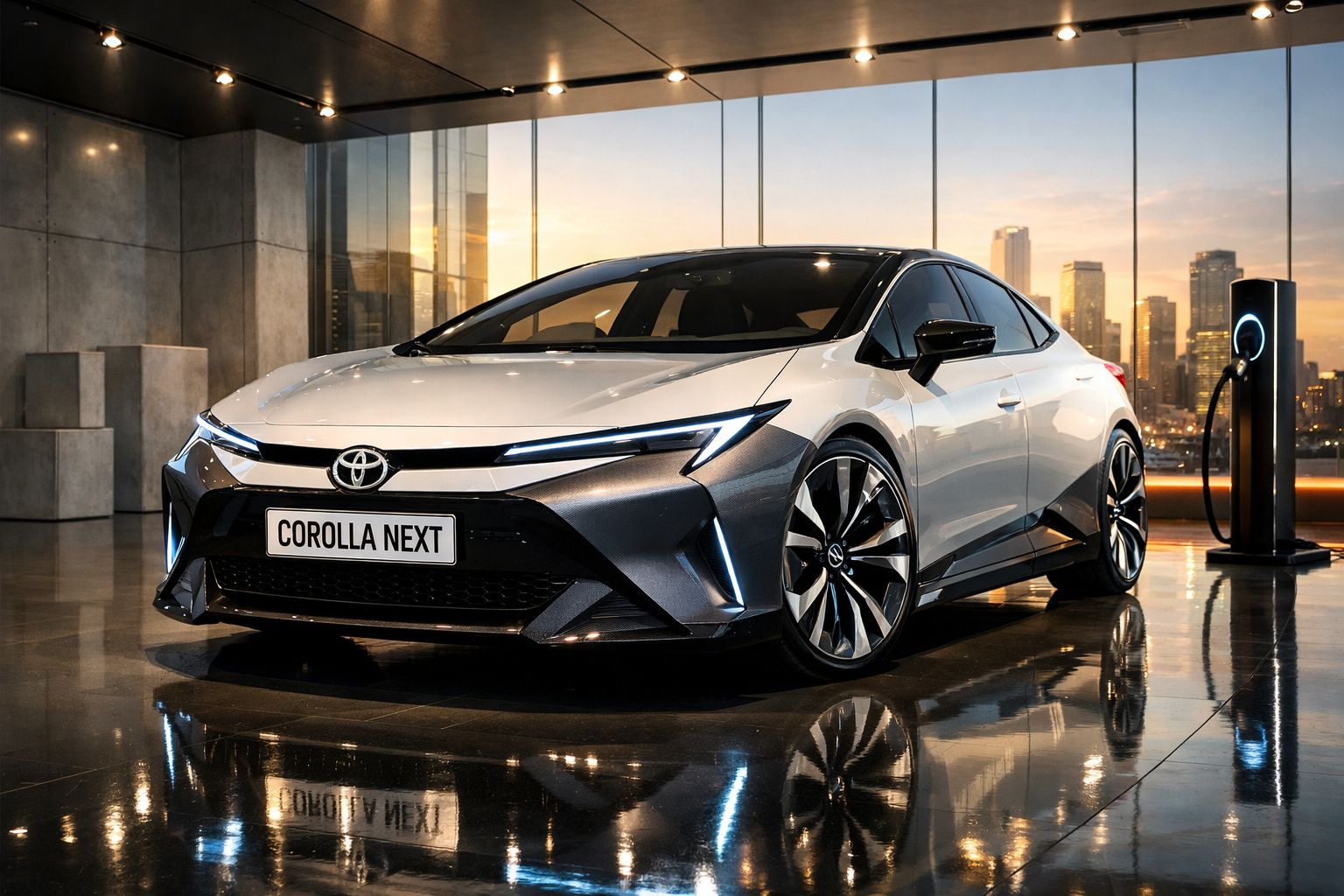 Carro elétrico Toyota Corolla Next prateado estacionado em interior moderno com vista para arranha-céus ao pôr do sol.