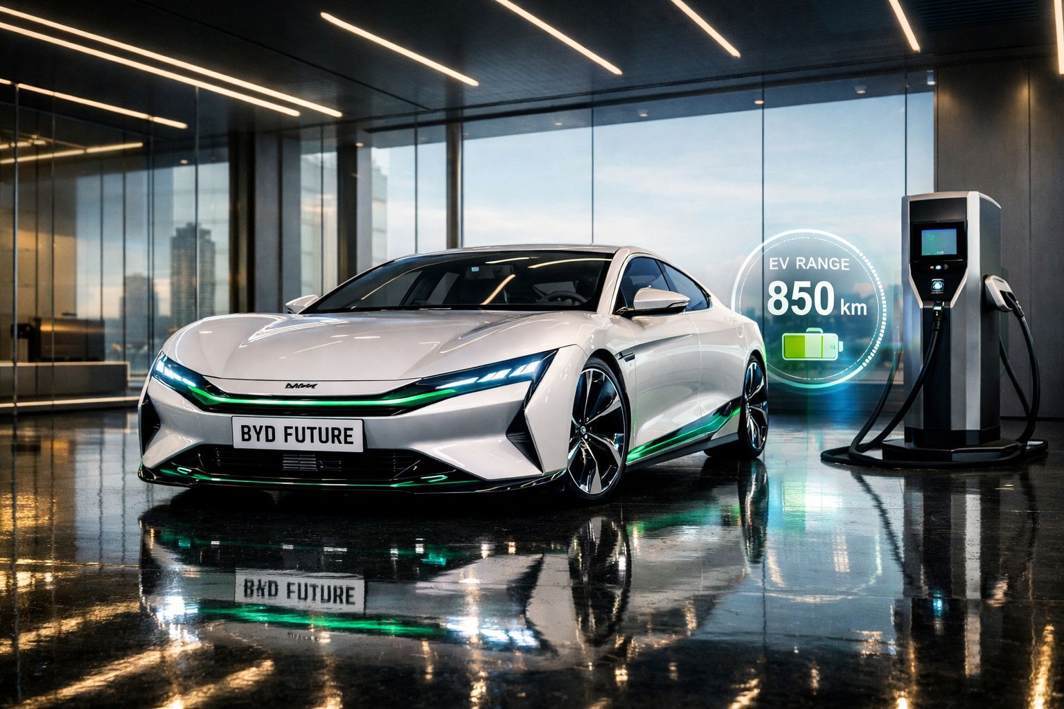 Carro elétrico branco BYD Future a carregar numa estação com autonomia de 850 km exibida.