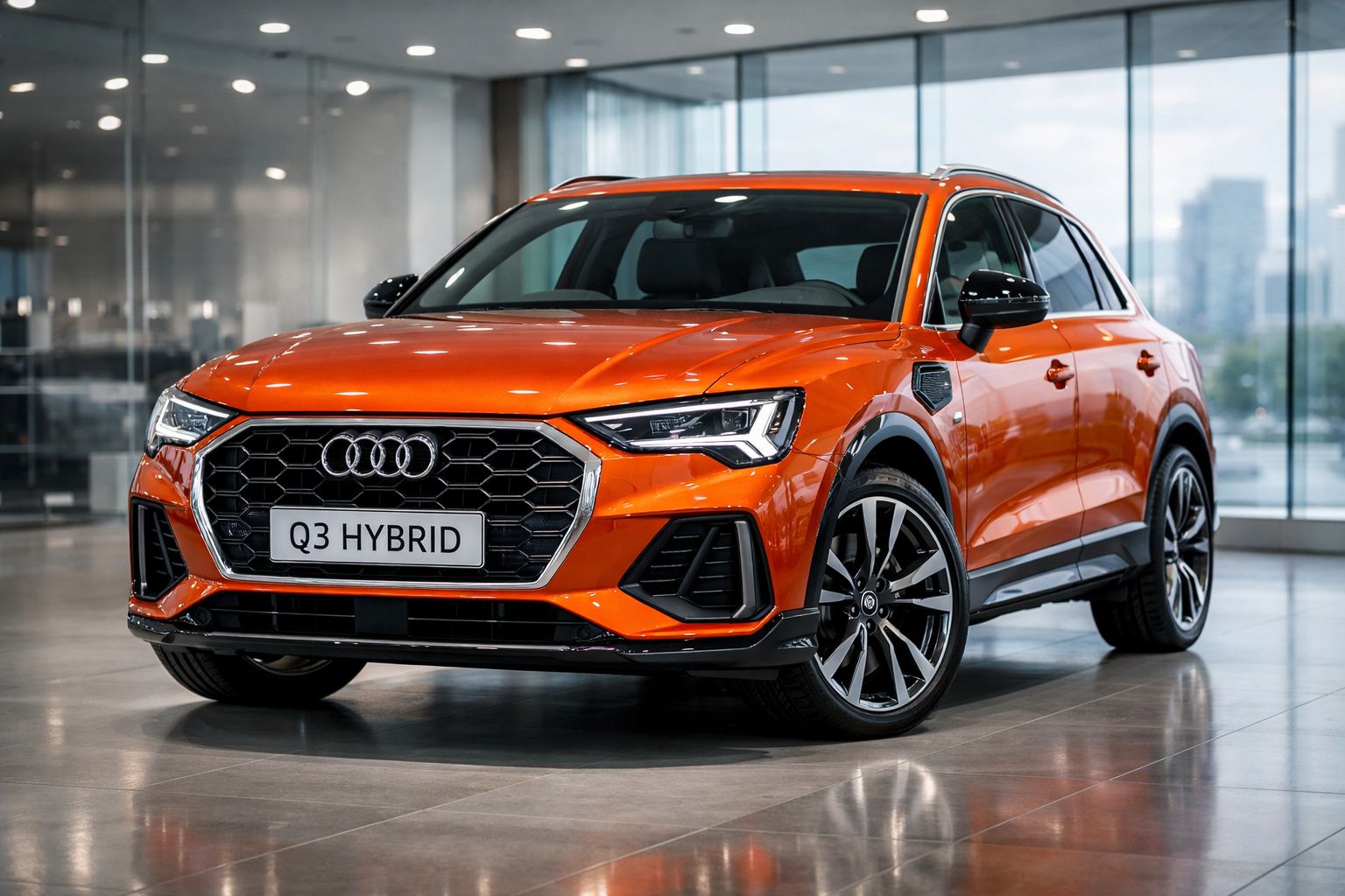 Carro Audi Q3 Hybrid laranja exibido numa concessionária moderna com piso de cimento polido.