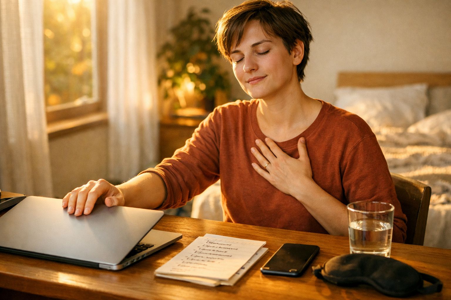Mulher sentada à secretária fechando o portátil com uma mão e a outra no peito, em expressão de gratidão.