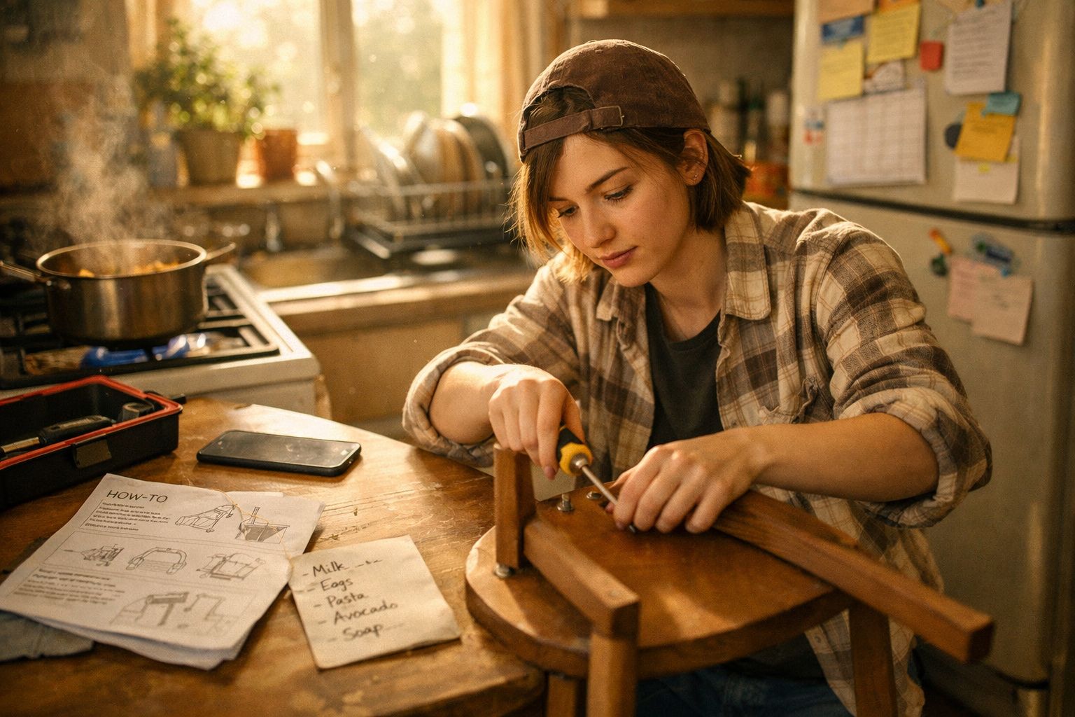 Jovem a usar uma chave de fendas para montar um móvel de madeira, com instruções e lista de compras à frente.