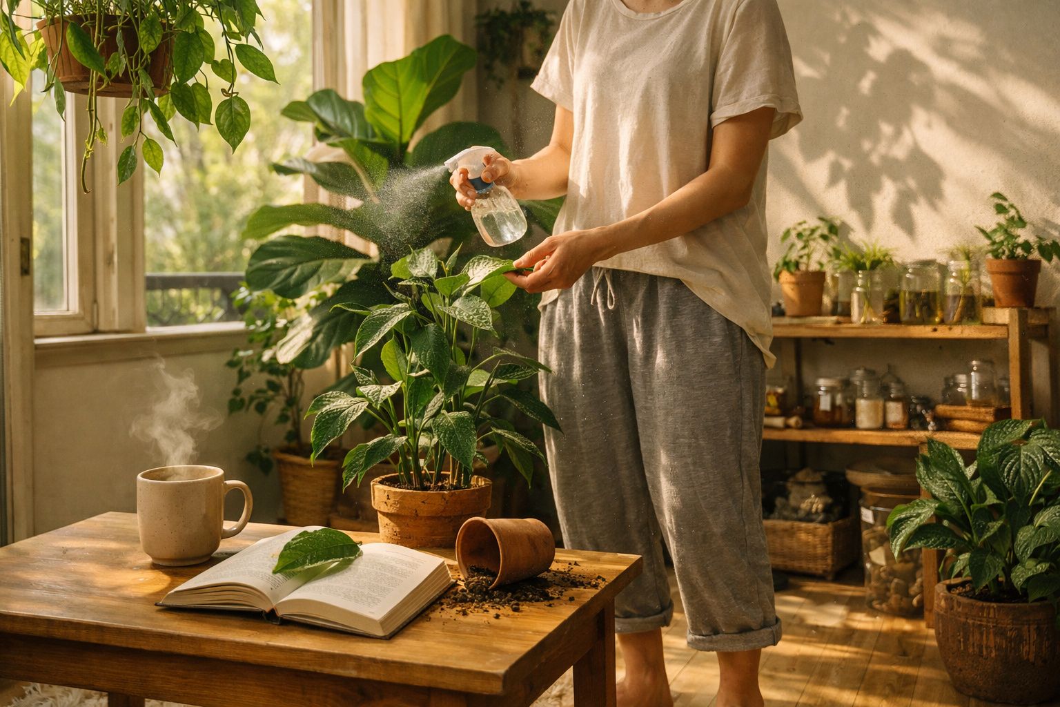 Pessoa a pulverizar planta com borrifador numa sala iluminada com plantas e livro aberto na mesa.