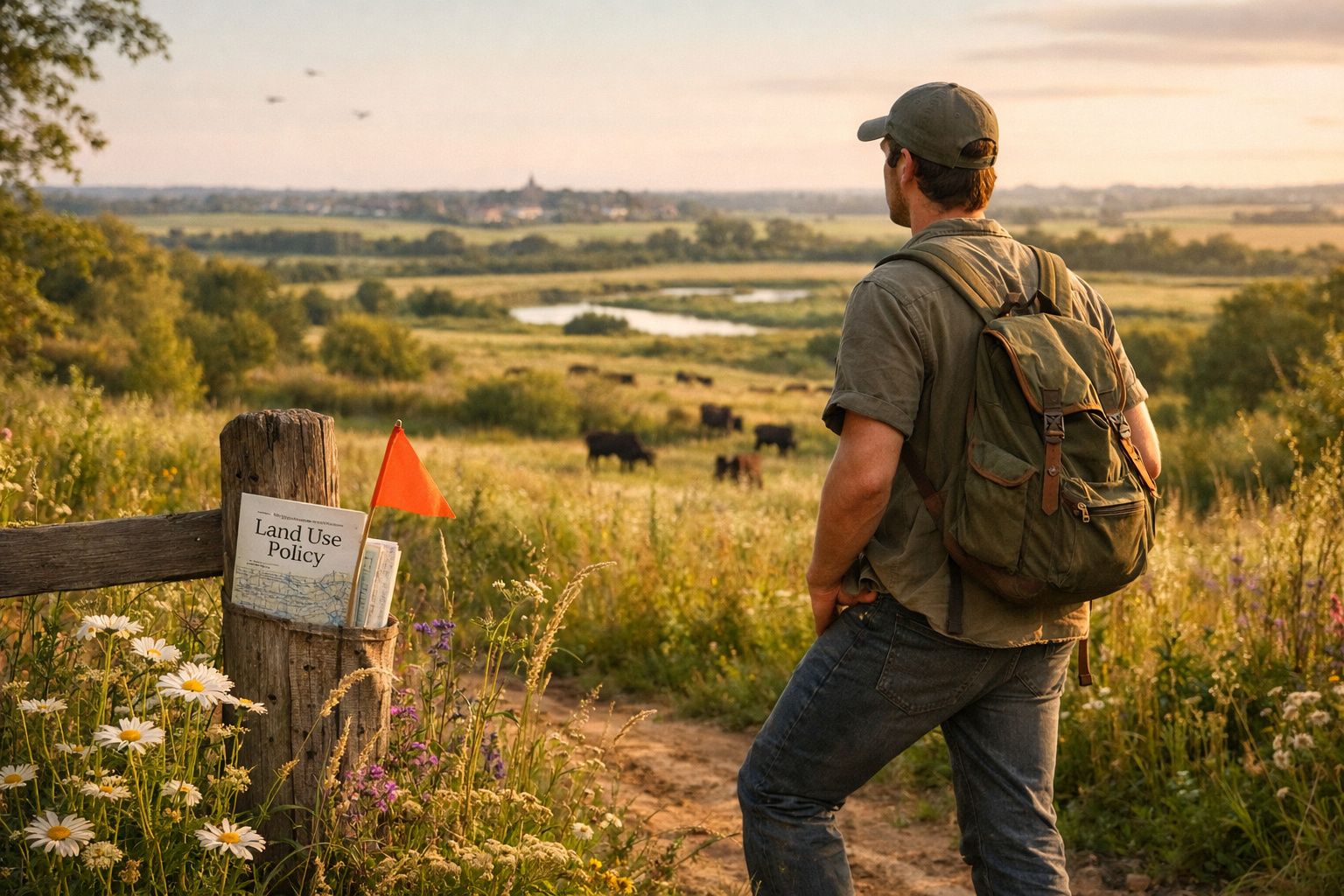 Homem com mochila observa pastagem com vacas e paisagem rural ao pôr do sol.