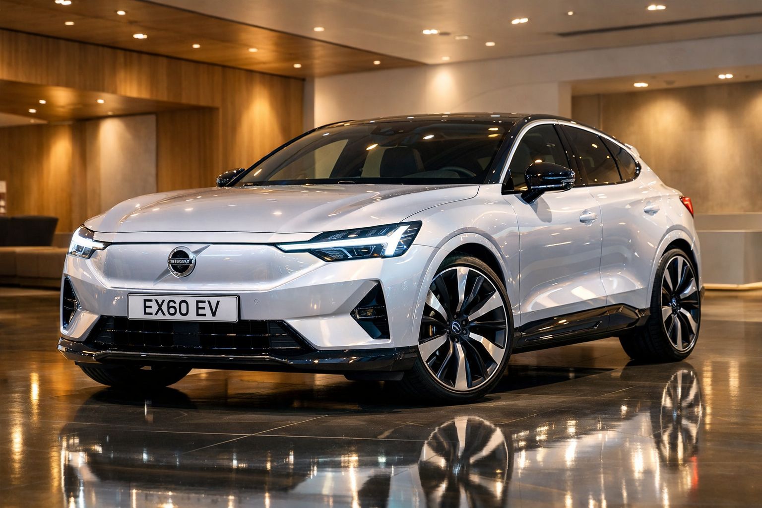Carro elétrico Volvo EX60 EV branco estacionado em espaço interior contemporâneo e iluminado.