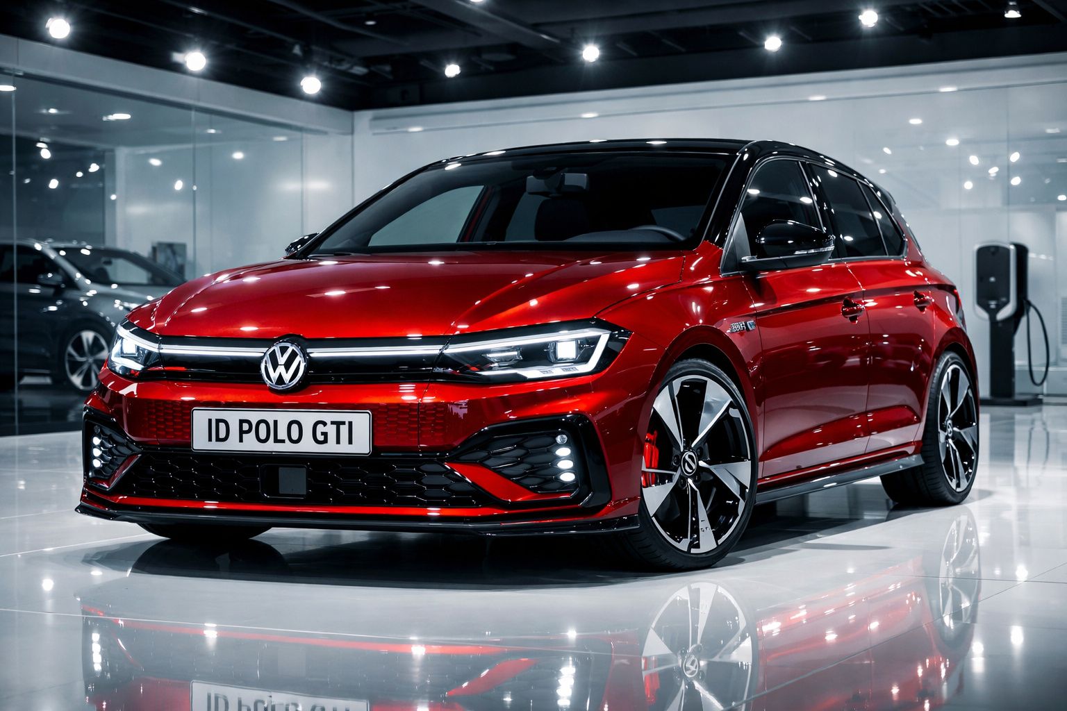 Automóvel VW ID POLO GTI vermelho brilhante em exposição numa sala moderna com piso branco refletor.
