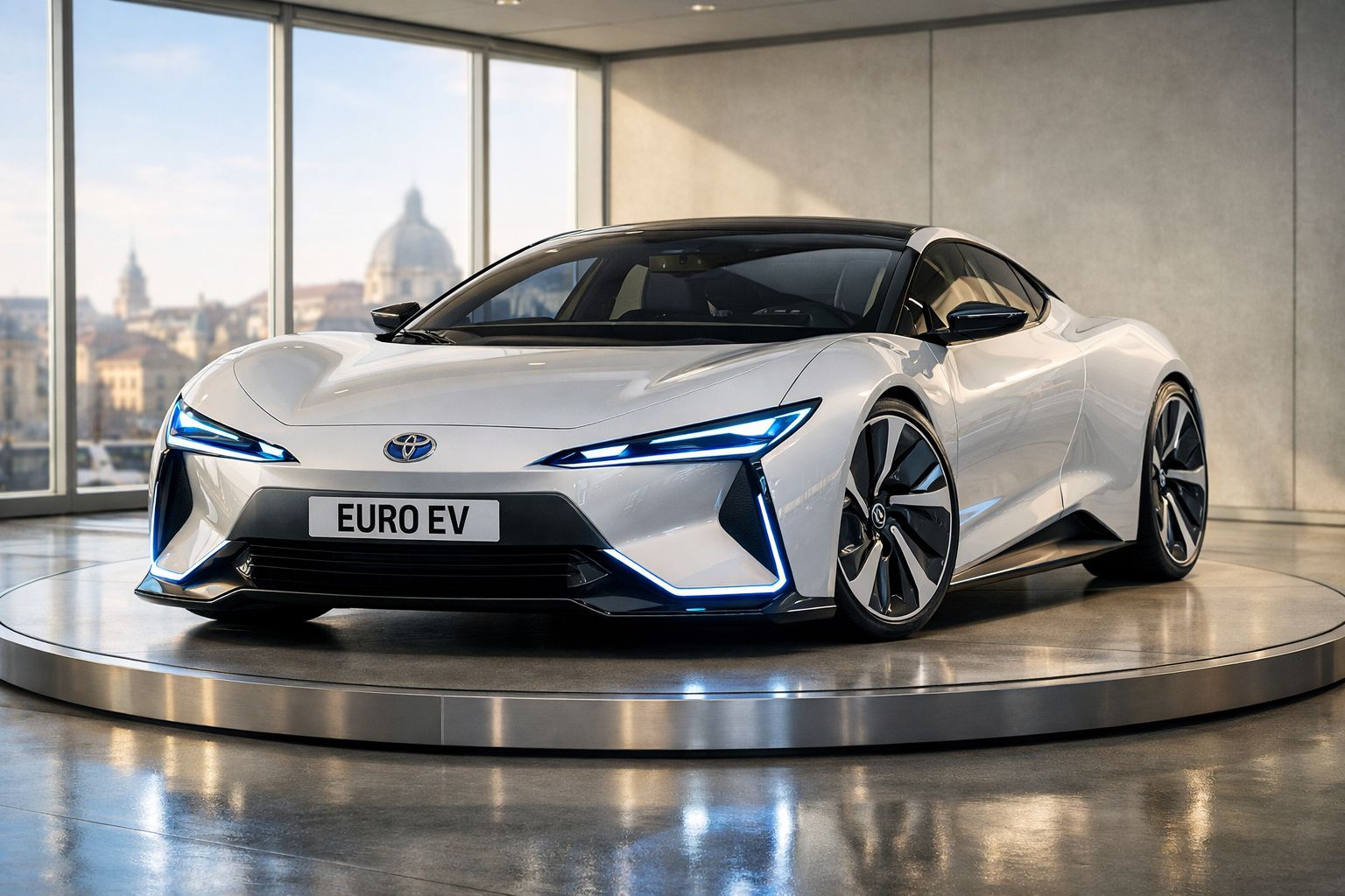 Carro elétrico desportivo branco Toyota Euro EV exibido em pedestal numa sala moderna com janelas amplas.