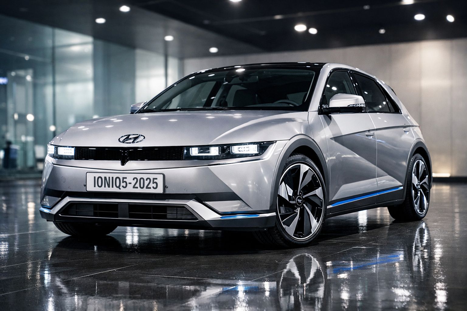 Carro elétrico Hyundai Ioniq 5 prata estacionado em piso refletor com fundo moderno.