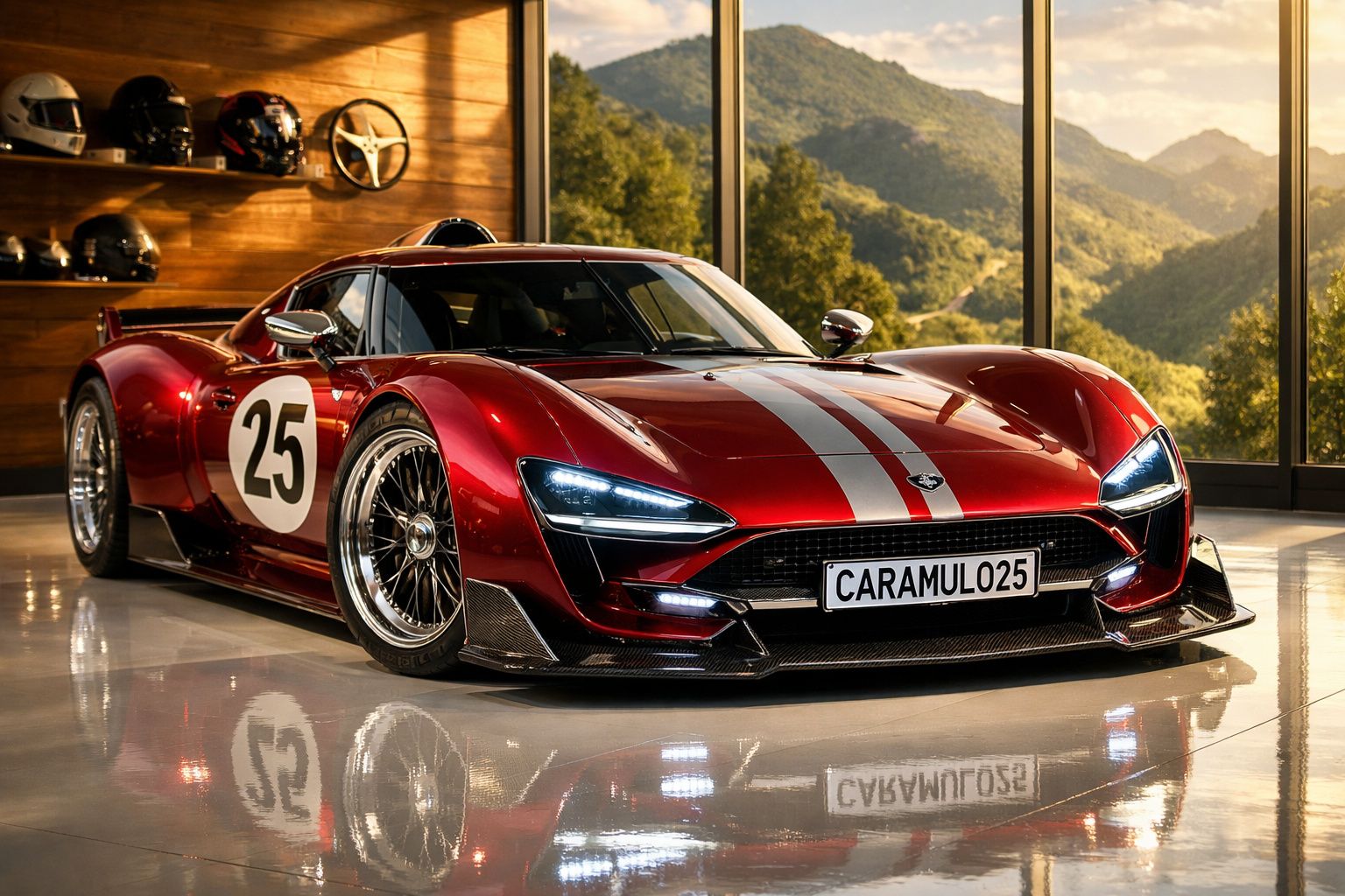 Carro desportivo vermelho com faixa cinza e número 25, em garagem com janelas grandes e vista montanhosa.