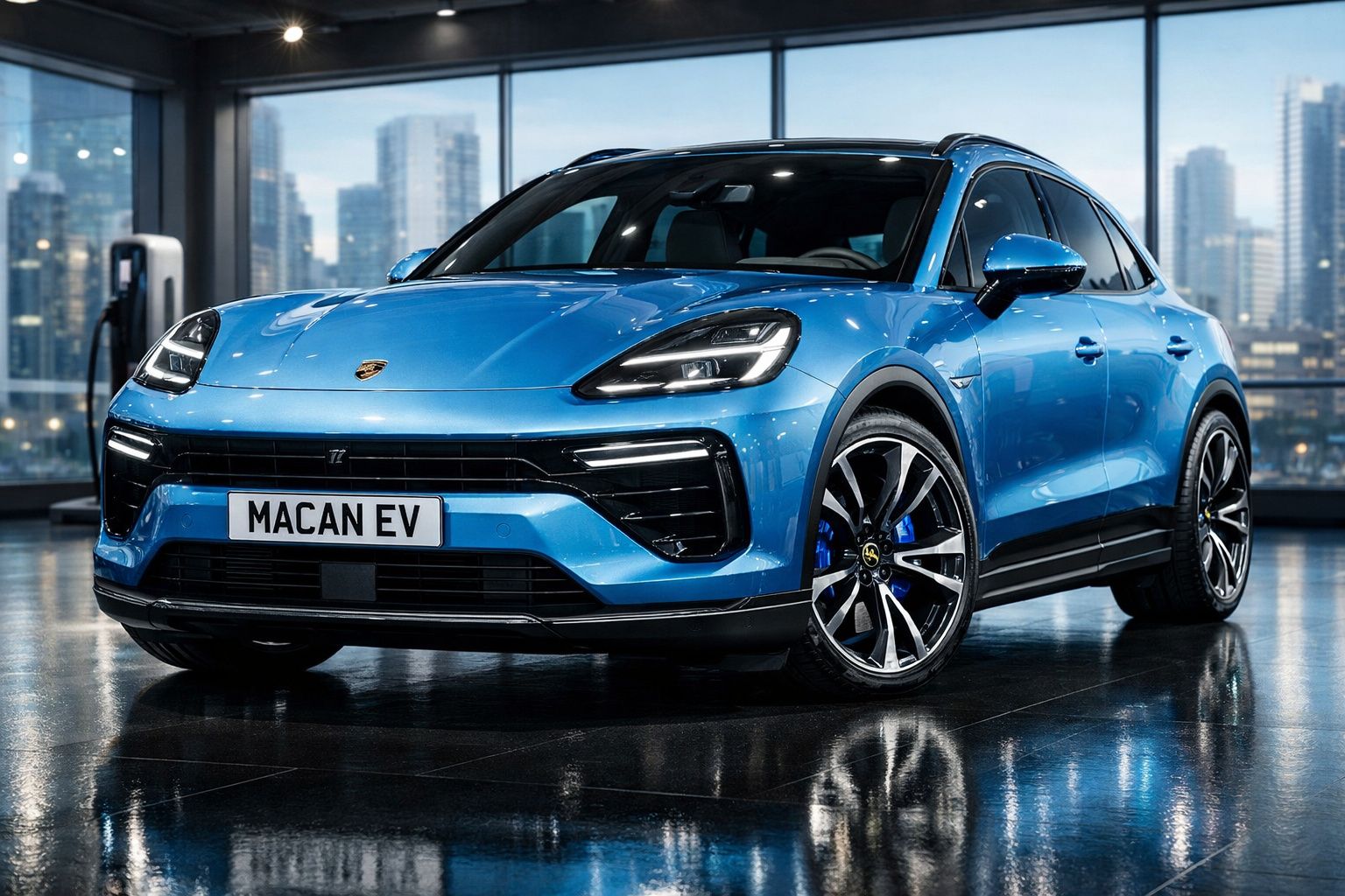 Carro desportivo elétrico Porsche Macan EV azul com jantes grandes, em showroom moderno com vista urbana.