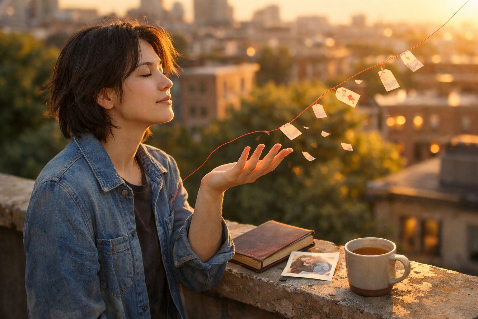 Mulher com olhos fechados segura fio com papéis ao pôr do sol, junto a livro, foto e chá num muro exterior.