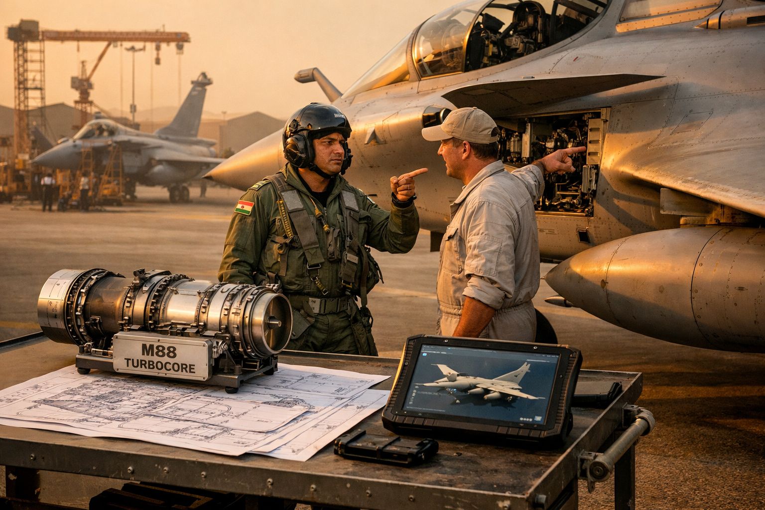 Piloto e técnico discutem junto a um caça num hangar com maquete de motor e monitor com imagem de avião.