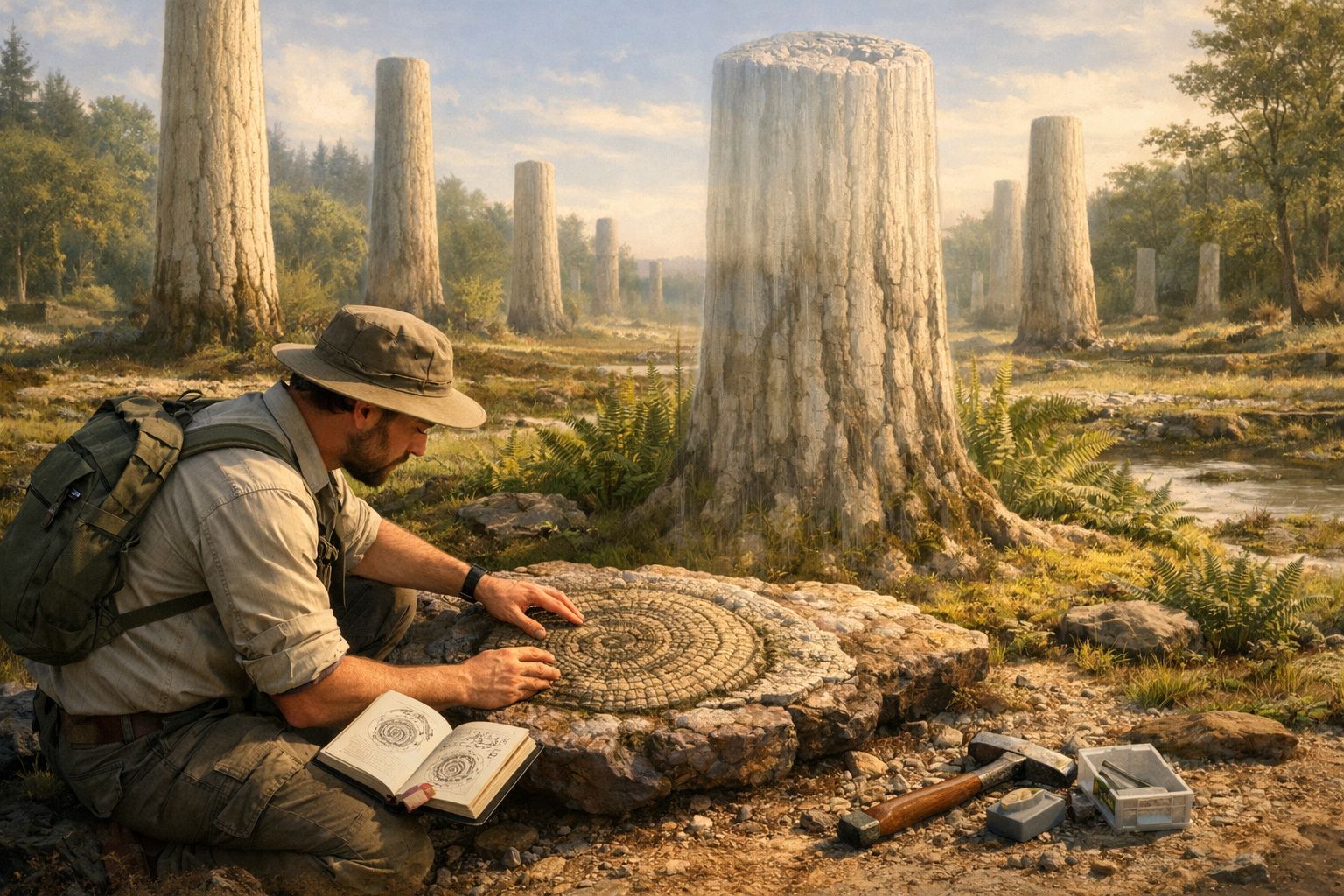 Homem a explorar floresta antiga com árvores altas e estudando fósseis circulares no solo ao amanhecer.