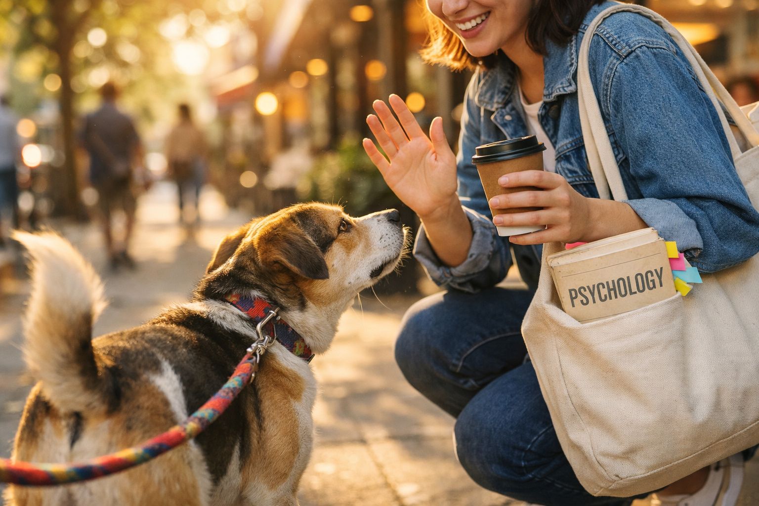 Mulher a cumprimentar um cão na rua, segurando café e uma mala com livros de psicologia.