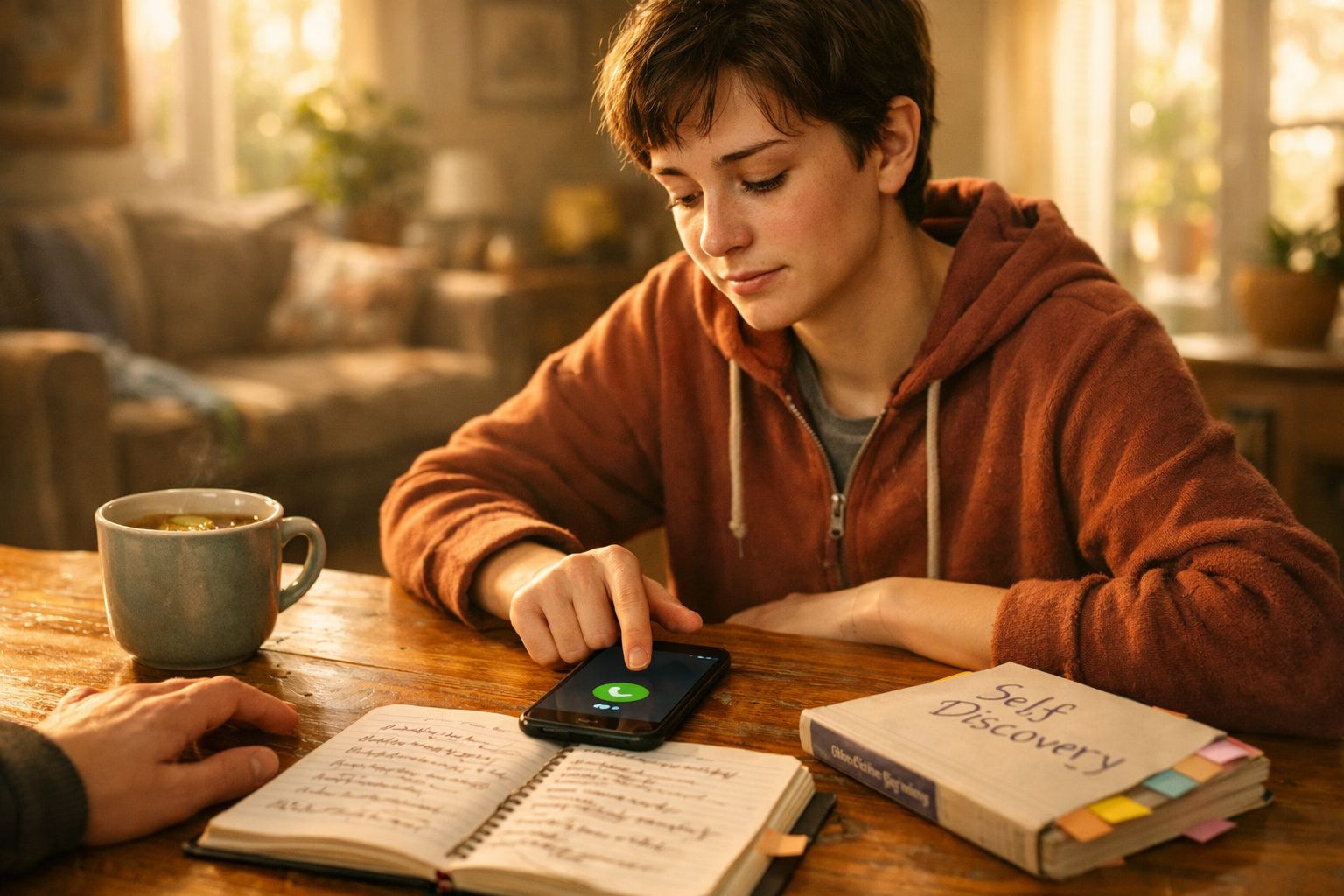 Pessoa jovem a atender uma chamada no telemóvel, sentada à mesa com livros e chá numa sala aconchegante.