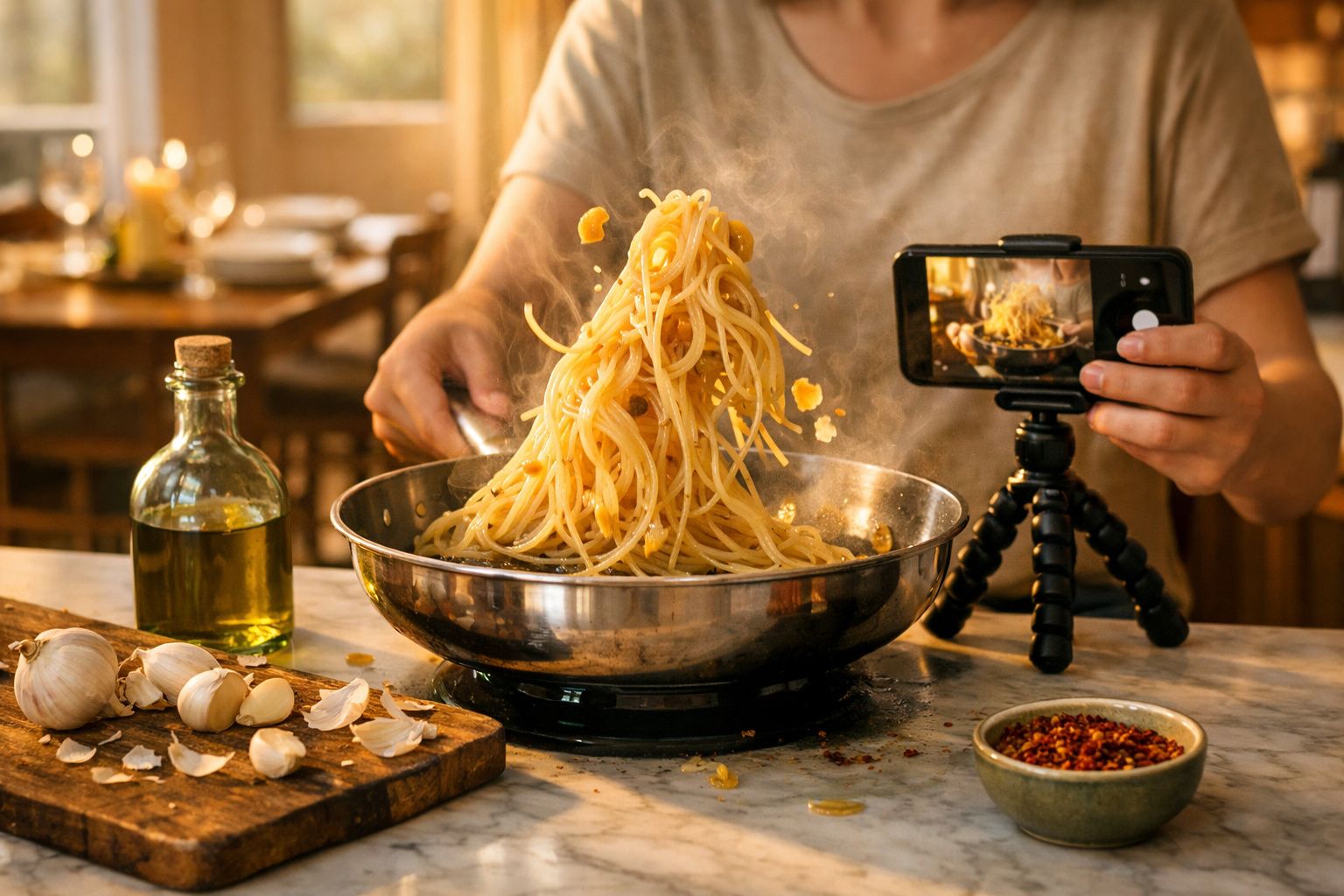 Pessoa a cozinhar esparguete numa frigideira enquanto regista o processo com telemóvel em tripé.