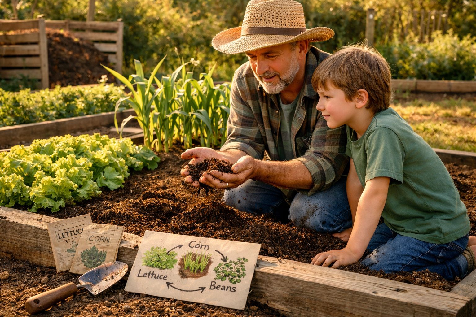 Homem e criança observam terra fértil numa horta com alfaces, milho e feijão plantados em canteiros.
