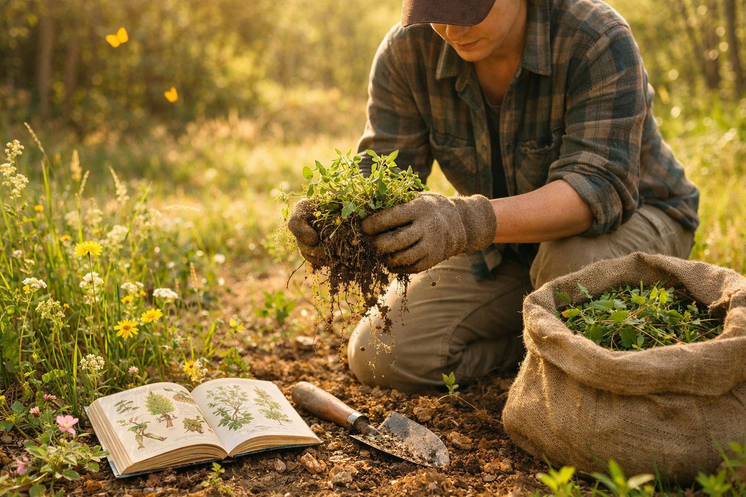 Pessoa a arrancar ervas daninhas com luvas, ao lado de livro de plantas e saco de juta cheio de plantas.