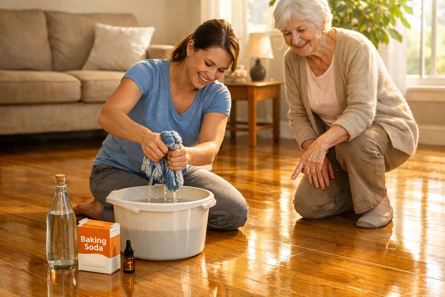 Mulher a espremer um pano num balde com solução de limpeza, com idosa a observar sentada no chão.