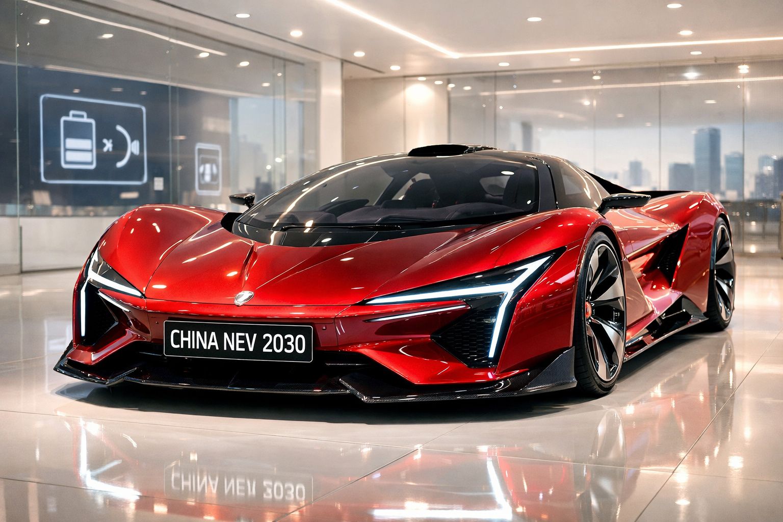Carro desportivo elétrico vermelho futurista com design aerodinâmico exposto em salão moderno.