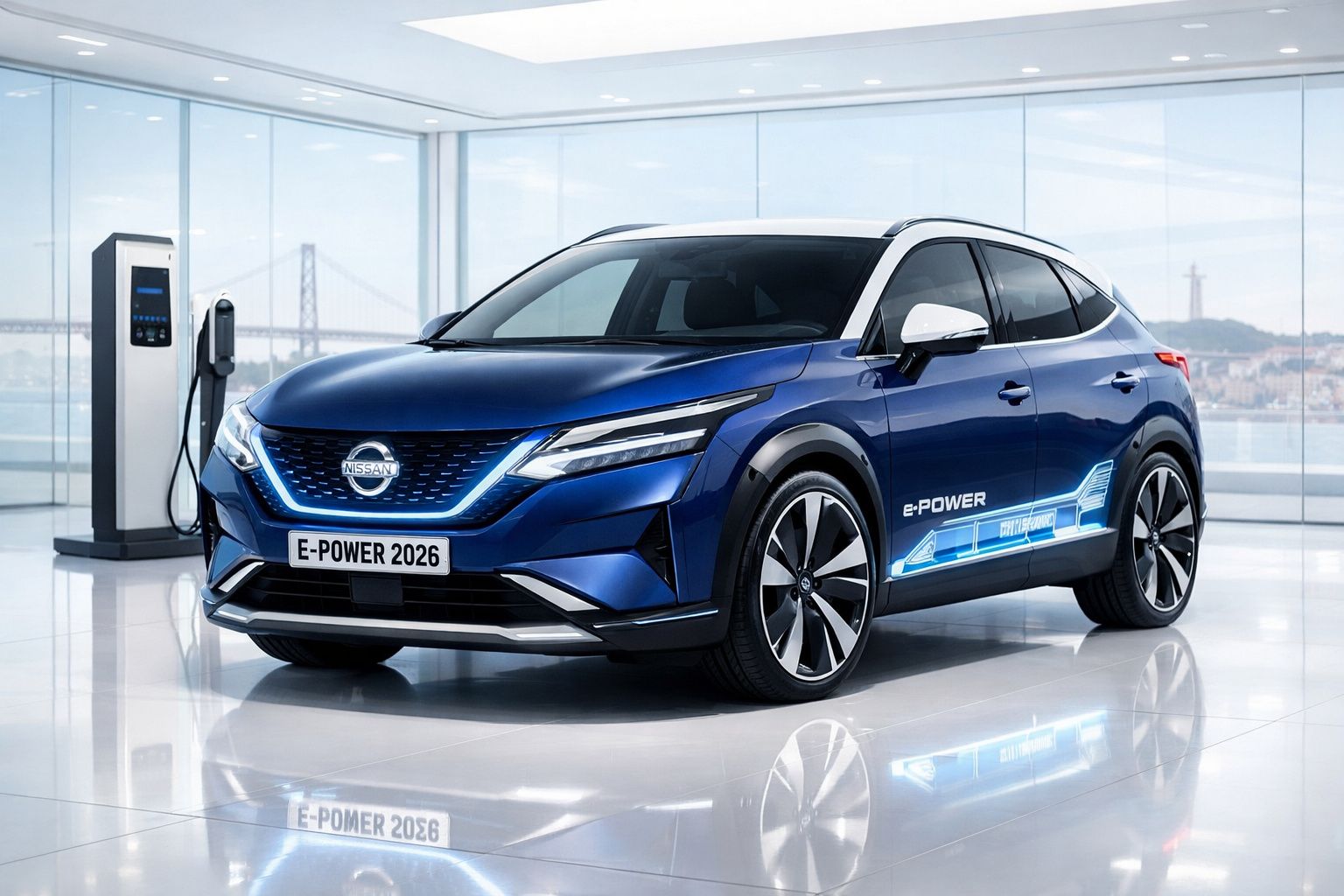 Carro elétrico azul Nissan e-Power 2026 a carregar numa estação de carregamento moderna e luminosa.