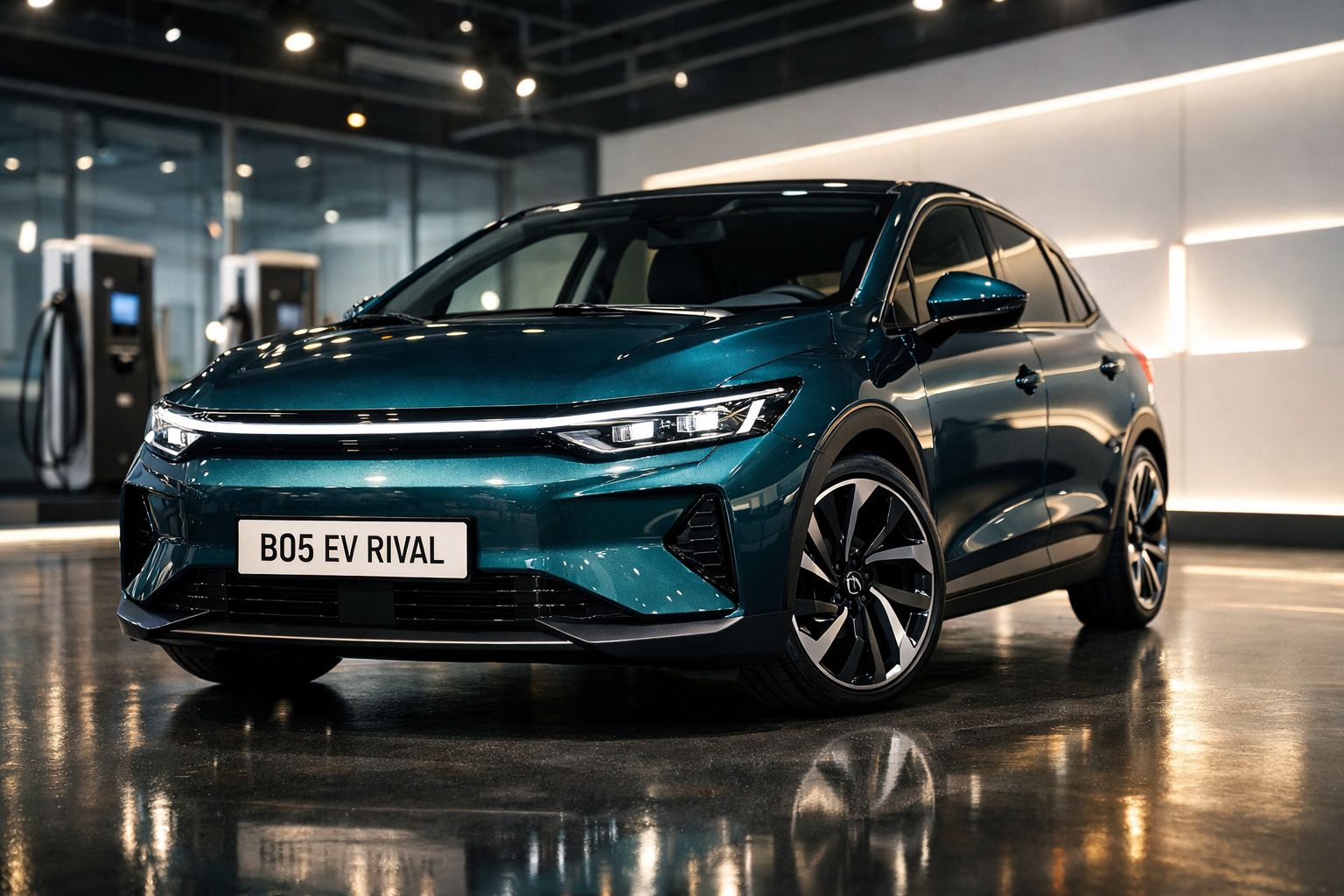 Carro elétrico azul metálico B05 EV Rival estacionado dentro de um espaço moderno e iluminado.