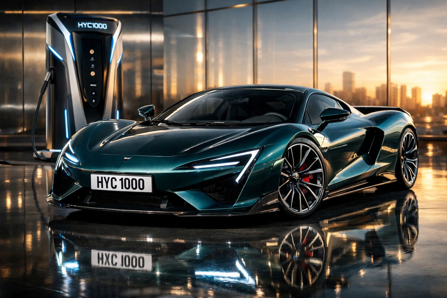 Carro desportivo elétrico verde escuro estacionado em posto de carregamento com cidade ao fundo ao pôr do sol.