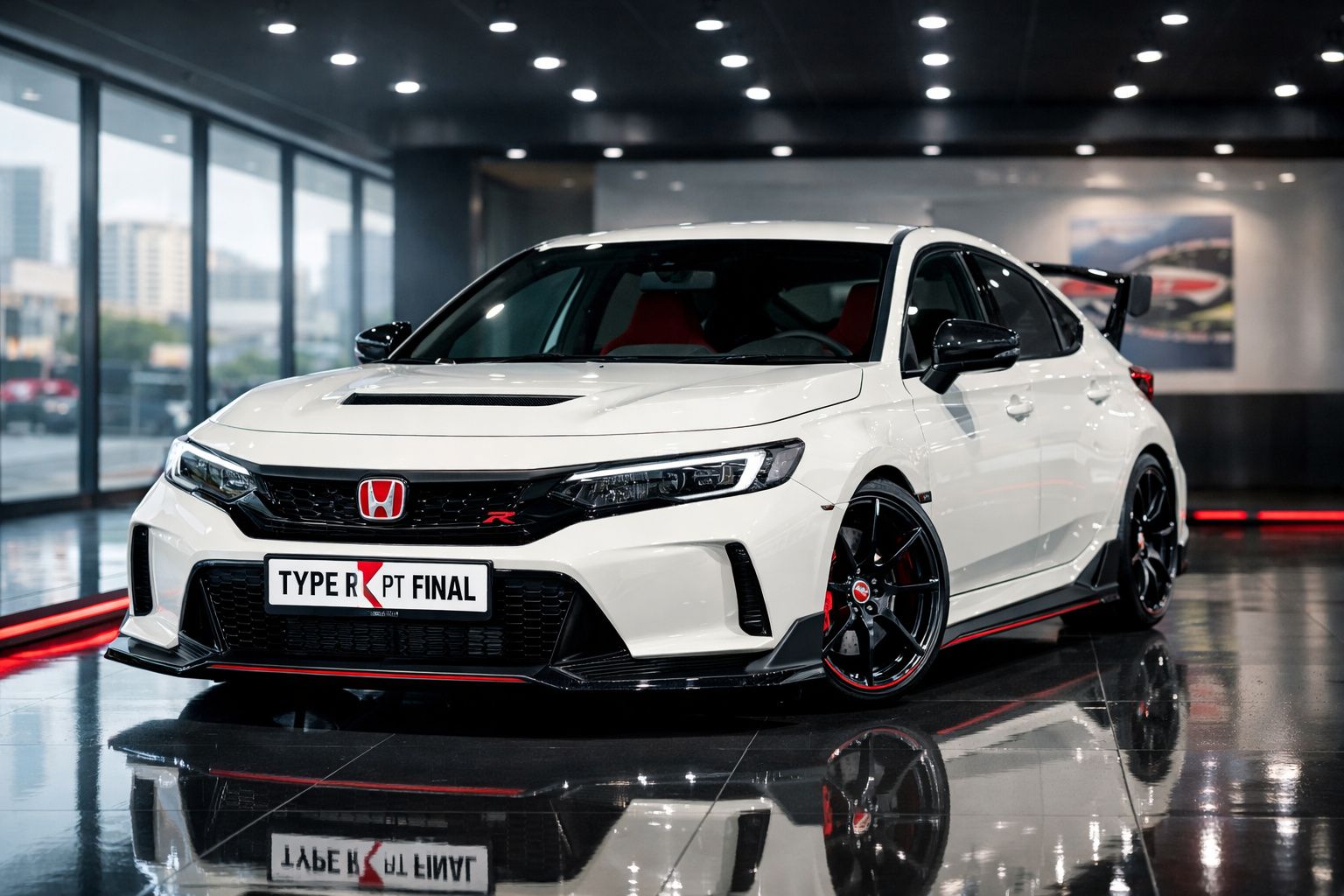 Honda Civic Type R branco estacionado em espaço interior com chão refletor e detalhes em vermelho.