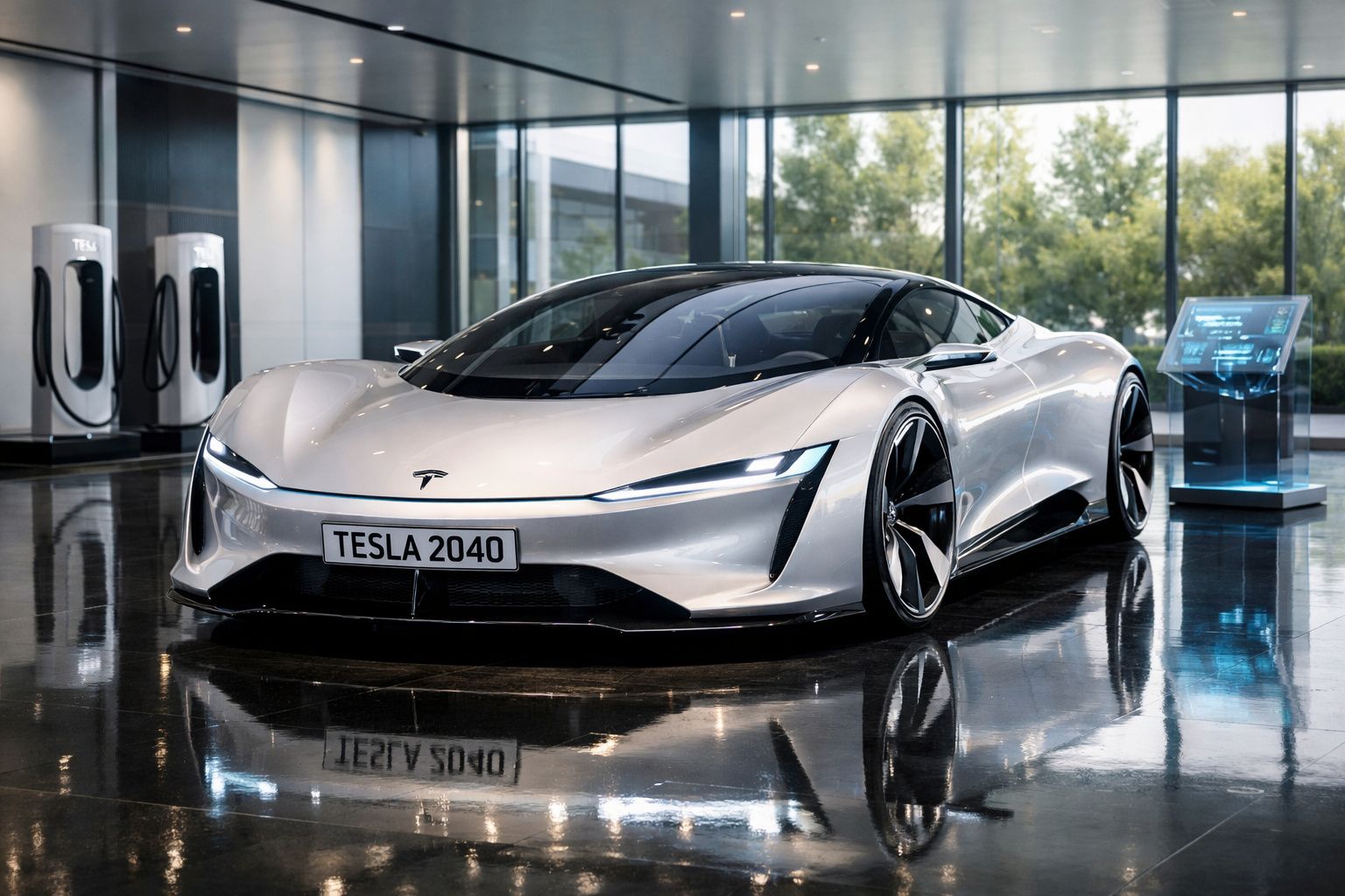 Carro elétrico futurista Tesla 2040 prateado em exibição dentro de edifício moderno com refletor de chão.