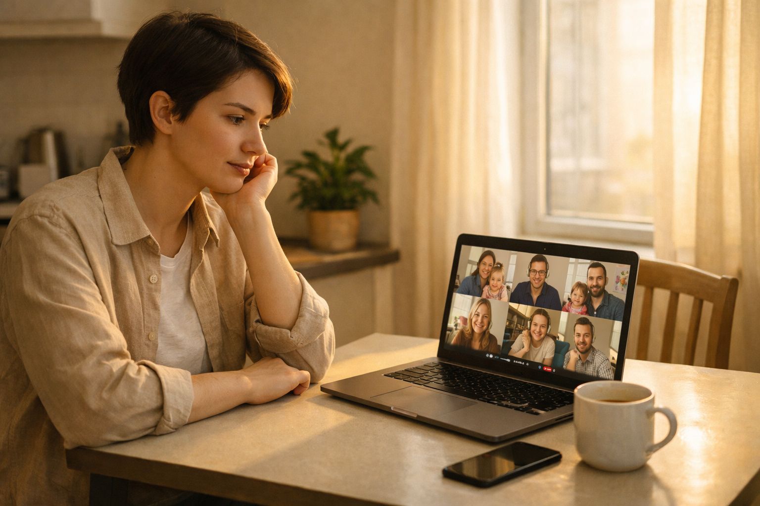 Mulher numa vídeochamada com várias pessoas na mesa de cozinha, com caneca e telemóvel à frente.