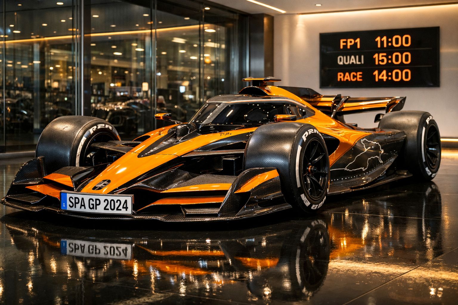 Carro de Fórmula 1 laranja e preto exposto, com programa da corrida Spa GP 2024 visível ao fundo.