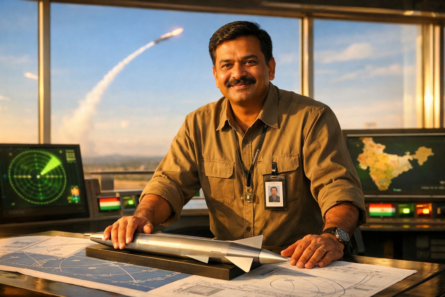 Homem sorridente com crachá, rodeado de mapas e monitores, com modelo de míssil à sua frente.