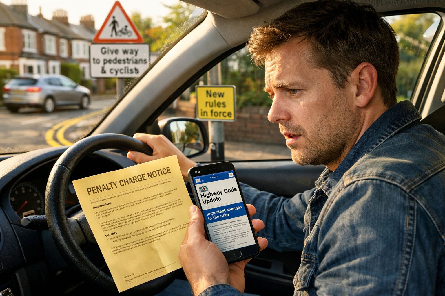 Homem dentro de carro lê multa e consulta novas regras de trânsito no telemóvel.