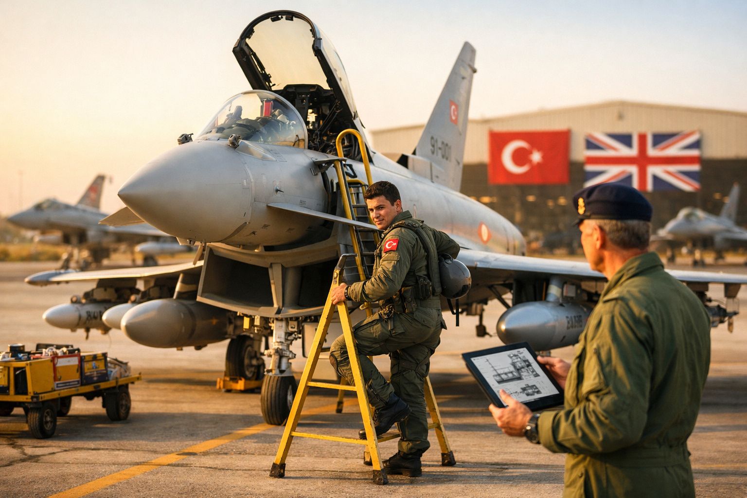 Piloto a subir uma escada para entrar num caça em pista militar com bandeiras da Turquia e Reino Unido ao fundo.