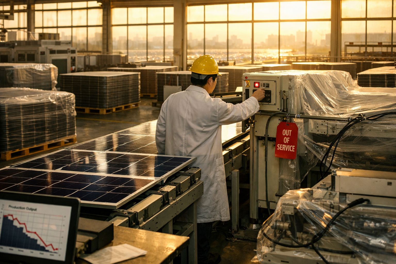 Trabalhador com capacete amarelo opera maquinaria numa fábrica de painéis solares ao pôr do sol.