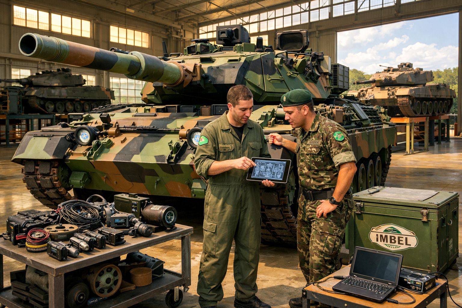 Dois militares em uniformes trabalham na manutenção de um tanque camuflado dentro de uma oficina.