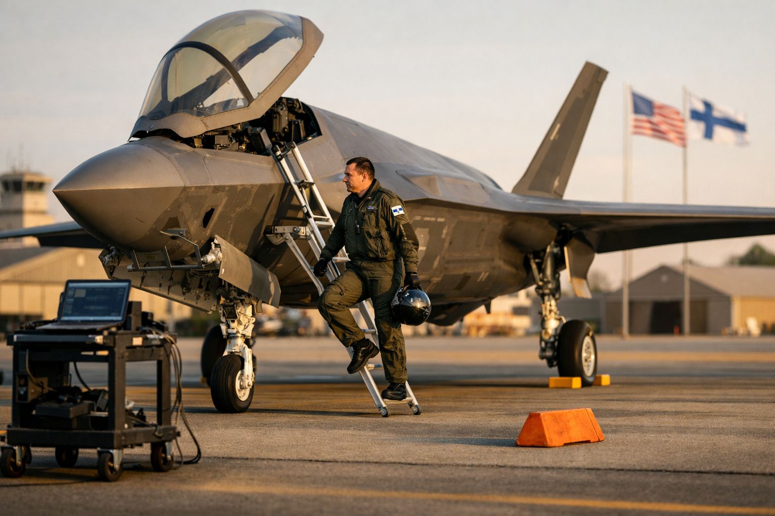 Piloto militar com fato de voo a sair de um caça furtivo estacionado numa pista de aeroporto ao amanhecer.