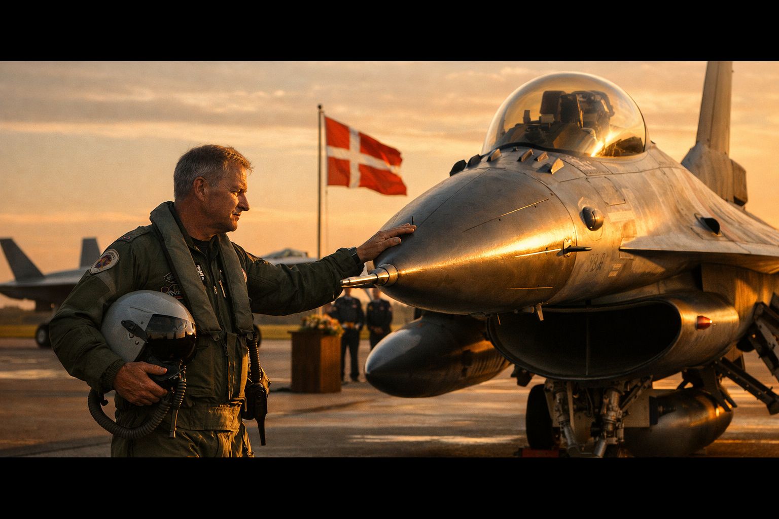 Piloto militar encostado a caça F-16 ao pôr do sol com bandeira da Dinamarca ao fundo.